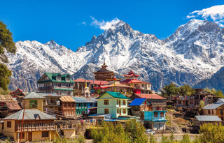 Himalayan mountain backdrop with colourful houses in front