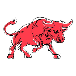 A stylized illustration of a red bull in mid-charge. The artwork features bold, flowing lines and a simplified form, giving the bull a dynamic and powerful appearance.