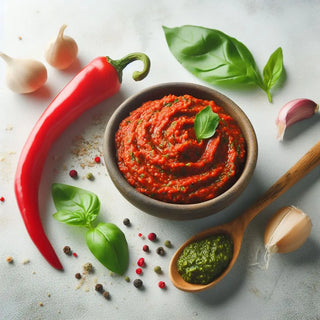 A brown bowl with roast pepper pesto surrounded by garlic, red pepper, basil and peppercorns