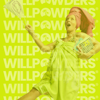 Image of Davinia Taylor wearing WillPowders "It's Not Just a Towel!" on a green background with the text WilPowders 