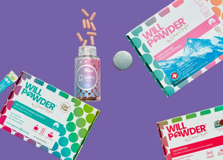 WillPowders products, from left to right; MCT Keto Powder Sachets, Calm, Bovine Collagen Peptides, Electrotide Watermelon. On a purple background