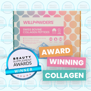 Award Winning WillPowders Collagen Peptides Powder Travel Sachets, with a badge for winning the beauty supplement awards and the white text Award Winning Collagen