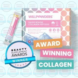 Award Winning WillPowders Collagen Peptides Powder Travel Sachets, with a badge for winning the beauty supplement awards and the white text Award Winning Collagen