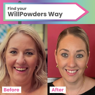 The image features a "before" and "after" comparison of a woman using the WillPowders Bovine Collagen. The left side shows the before image and the right side shows the after. The text reads "Find your WillPowders Way" with labels "Before" and "After".