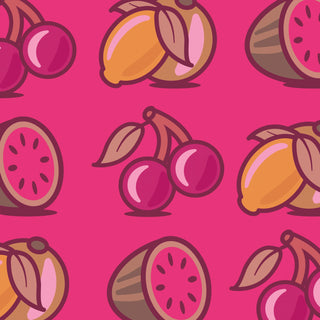 A pattern of illustrations of watermelons, lemons, and cherries, against a bright pink background