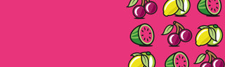 A banner pattern of illustrations of watermelons, lemons, and cherries, against a bright pink background