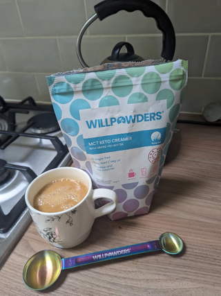 WillPowders spoon and MCT Keto Creamer and a coffee