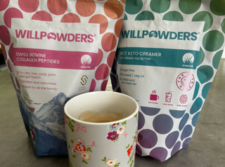 Customer image showing WillPowders collagen and keto creamer, coffee in the foreground 