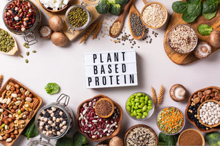 A variety of plant-based protein sources are displayed around a white box "PLANT BASED PROTEIN", arranged on a table.