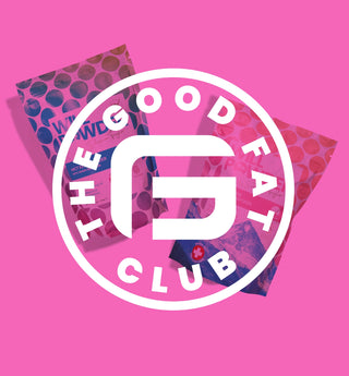 WillPowders The Good Fat Loyalty Club mobile banner. Pink banner, two products with the good fat club logo in white