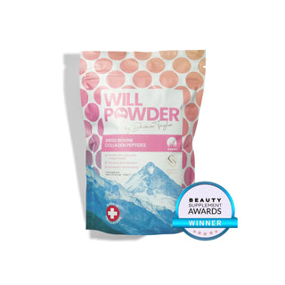 A WillPowders Bovine Collagen Peptides Powder pouch on a white background with a badge showing it's the winner of the Beauty Supplement Awards